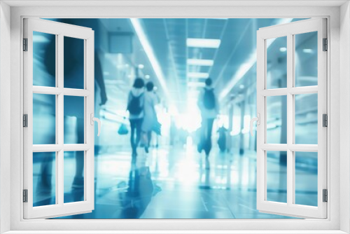 Hospital Corridor Scene, soft focus atmosphere, bustling with movement, cool white and blue tones, conveying a sense of urgency and healthcare activity, anonymity in the crowd