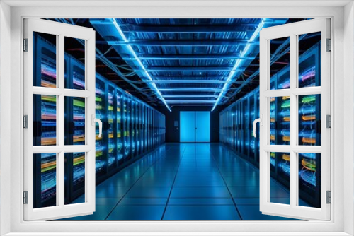 A large room with many computer servers and a blue light