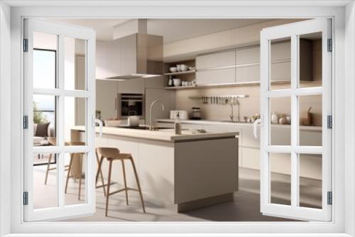 Modern kitchen interior with a large island, white cabinets, and wooden bar stools.