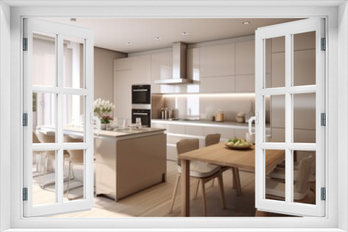 Modern kitchen with beige cabinets, a wooden dining table, and white chairs.