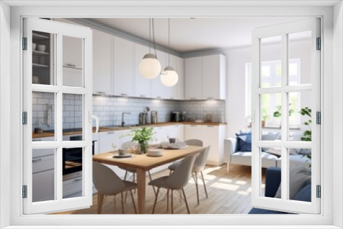 Modern kitchen with white cabinets, wooden countertop, and dining table with chairs.