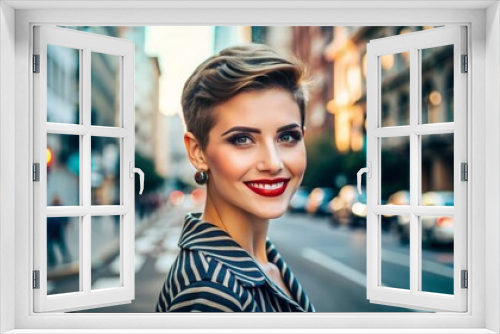 Smiling young woman with short, stylish hair and vibrant makeup poses confidently against a bright city street backdrop, exuding urban chic and modern sophistication.