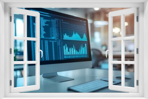 A computer monitor displaying various graphs and data analysis charts, with a blurred office background.AI.