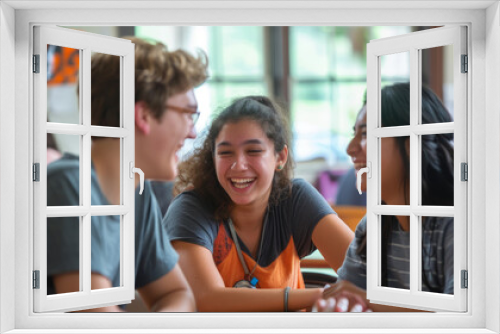 Students chat and laugh during break, sharing experiences from their summer vacations together