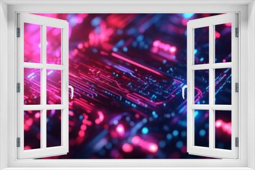 Abstract Circuit Board with Neon Lights in Pink and Blue