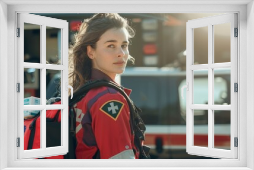 A female paramedic, armed with first aid supplies, stands before an ambulance, representing frontline healthcare.