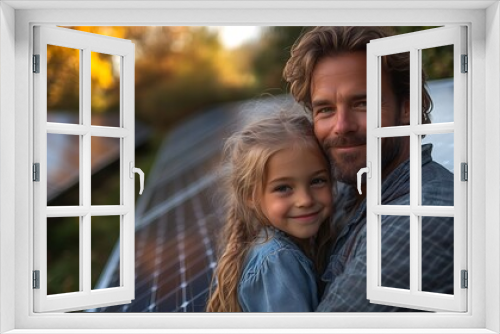  Father with girl on roof with solar panels, hugging. Rooftop solar or photovoltaic system. Sustainable future for next generation. 