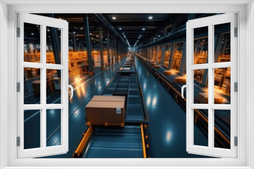 A modern warehouse interior showcasing a conveyor system with packages ready for shipping, illuminated by overhead lights.