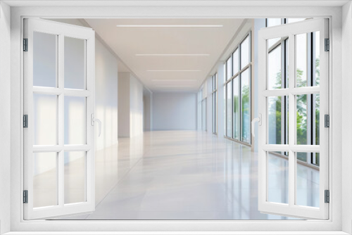 Spacious modern hallway featuring large windows, bright lighting, and a seamless floor, ideal for contemporary design projects.