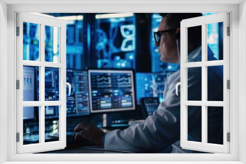 A man edits video content while participating in a virtual meeting at his workspace during the day