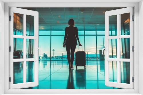 Woman Carrying Luggage Through Airport Terminal