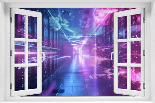 Futuristic data center hallway with vibrant neon lights and digital effects, showcasing advanced technology and connectivity.