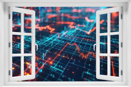 Vibrant digital financial chart with glowing lines and data points, illustrating market trends and analytics in a modern style.