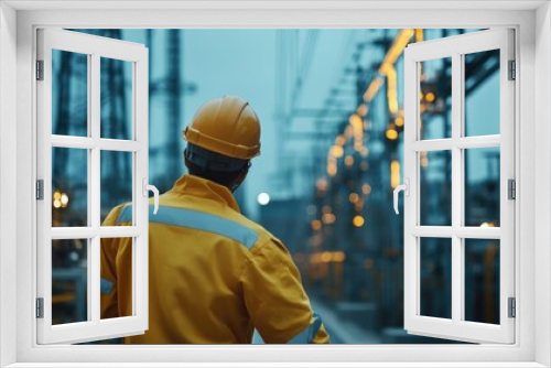 Backview of Electrical Engineer Inspecting High Voltage Power Lines