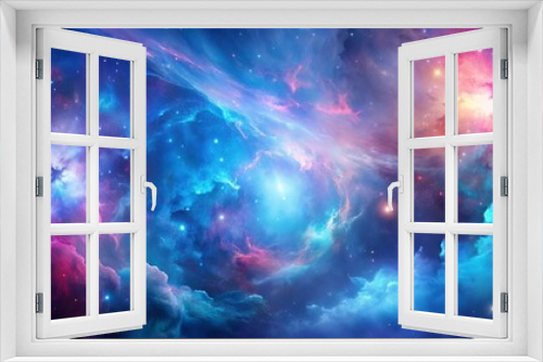 Abstract space background featuring blue and pink nebula colors with a cosmic theme