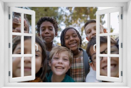 A group of diverse kids stands close together, beaming with excitement and happiness, with lush greenery in the background on a sunny day.