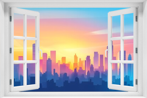 Cityscape Sunrise, Urban Skyline, Blue Gradient Background