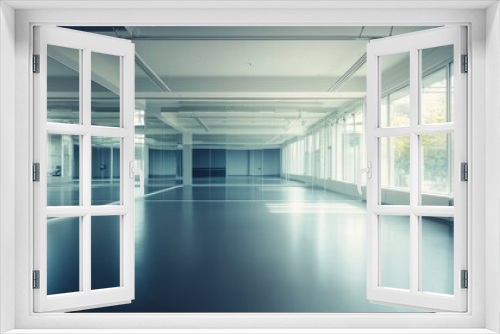 A spacious, empty office interior with large windows, reflecting a calm blue hue, and expansive flooring, suggesting a modern and potentially corporate environment.