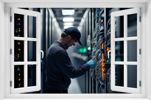 A technician carefully checks server connections inside a brightly lit data center, ensuring proper functionality and organization during maintenance tasks