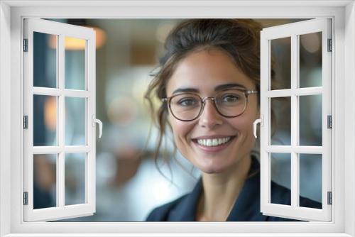 portrait of a beautiful smiling business woman wearing a suit in an office