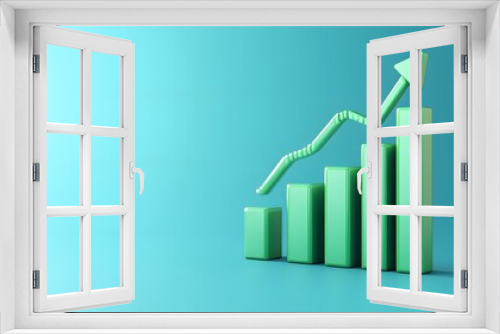 Green bar graph with an upward arrow on a blue background showing financial growth and business success.