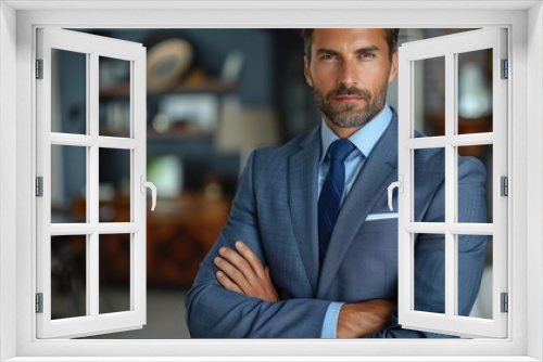 Confident businessman in a formal suit standing in a modern office setting during the day