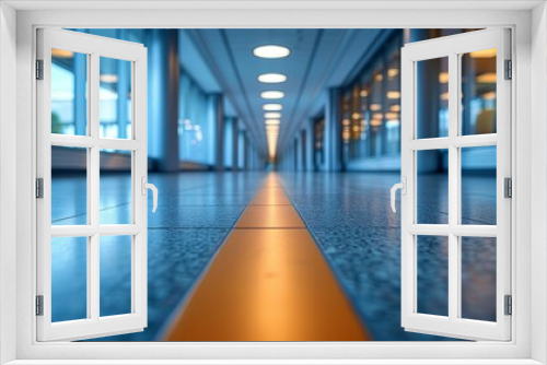 A long corridor with polished floors and warm lighting in an airport during twilight