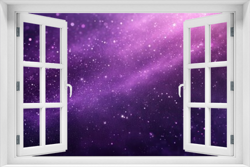 A cosmic scene featuring a purple starry background with shimmering particles.