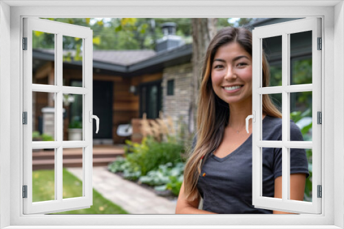 A smiling woman stands against the backdrop of a new house.