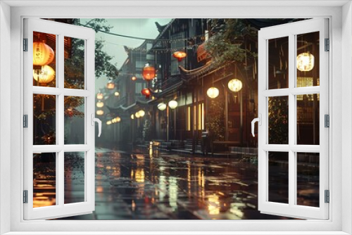 A serene, rainy street adorned with lanterns, reflecting a tranquil atmosphere.