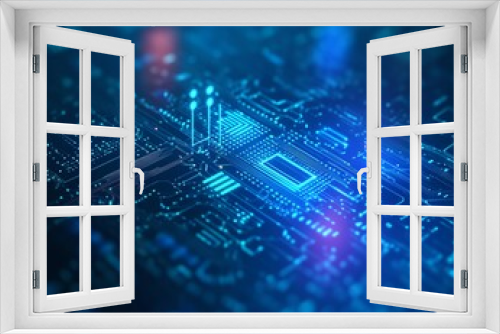 Close-up of a futuristic circuit board with glowing elements, representing technology and innovation in digital electronics.