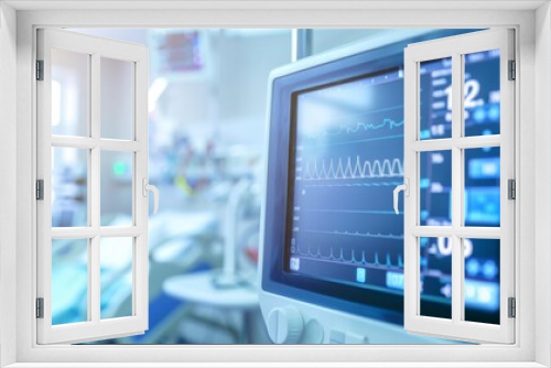 An empty hospital room with close-up of medical equipment displaying patient vital signs, suggesting a quiet, sterile, and high-tech medical environment.