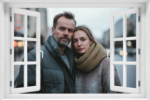 A serious middle-aged couple standing close together on a city street, representing mature relationships, resilience, and togetherness in difficult times.