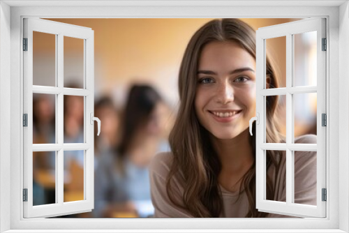 A happy college student with long hair is smiling while attending a lecture, surrounded by classmates in a bright classroom