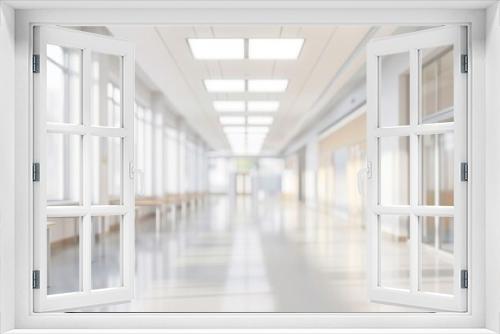 Spacious, bright, and modern empty hallway with large windows and minimalistic design, filled with natural light.