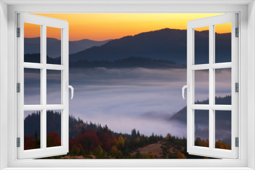 Fototapeta Naklejka Na Ścianę Okno 3D - Morning mist in mountain woodland.