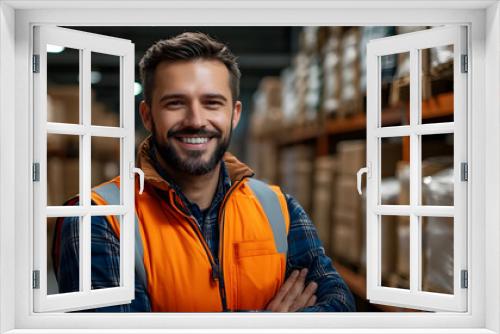 Smiling warehouse worker with arms crossed in front of shelves with cardboard boxes.