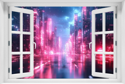 Futuristic Cityscape with Pink Neon Lights and Reflections