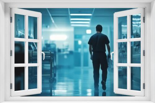 A solitary figure walking down a hospital corridor