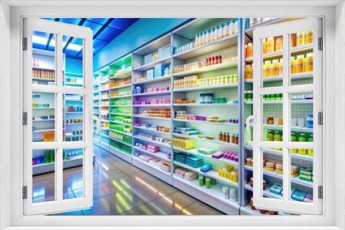 Colorful shelves stocked with various cold and flu medications, vitamins, and health supplements in a well-organized pharmacy aisle with a bright overhead lighting.