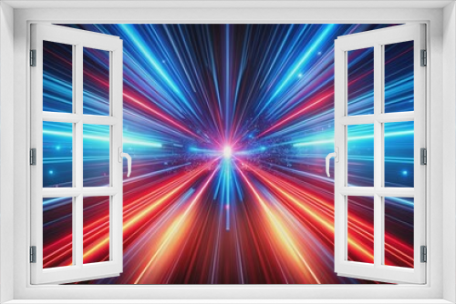 High speed futuristic wallpaper with blue and red light streaks on dark background, light motion trails