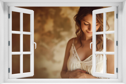 Pregnant Woman Smiling Tenderly in a Sunlit Room