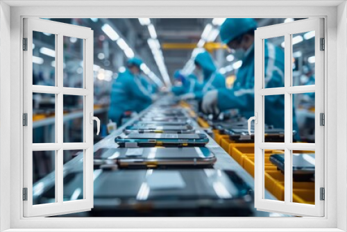 Amid the factory's controlled commotion, a team of skilled workers orchestrates the seamless production, sorting, and packaging of high-tech smartphones for worldwide distribution.