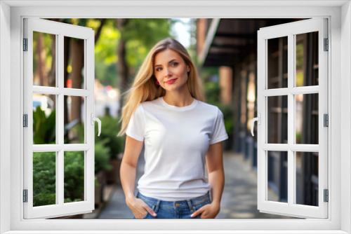 Smiling Woman in White T-Shirt and Jeans on the Street. t-shirt design mock up.