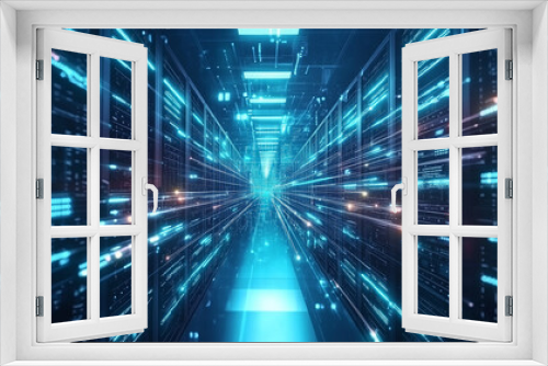 Futuristic Data Center Corridor with High-Speed Connections, Big Data and AI Concept