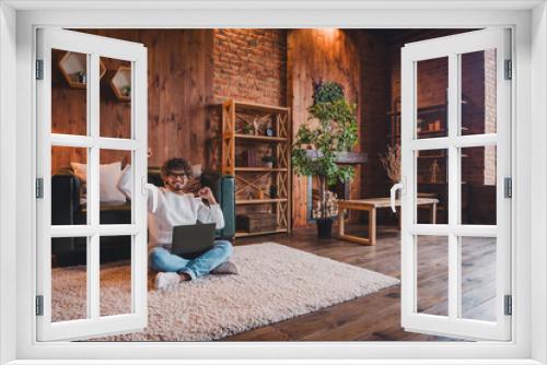 Photo of funky lucky guy dressed white pullover winning game modern gadget indoors house apartment room