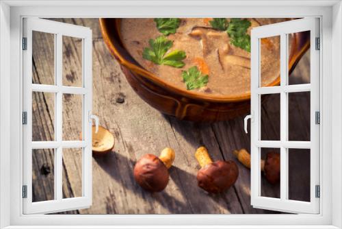 Fototapeta Naklejka Na Ścianę Okno 3D - Autumn Dinner Mushroom soup table
