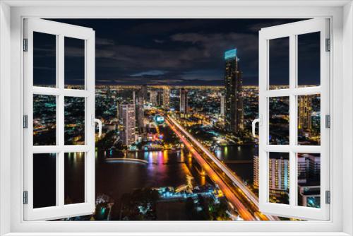 Fototapeta Naklejka Na Ścianę Okno 3D - View of Chaophraya river at night time, Bangkok, Thailand 