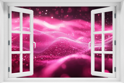 Glowing pink particles form wave-like patterns in an abstract digital background, evoking a sense of energy and motion.