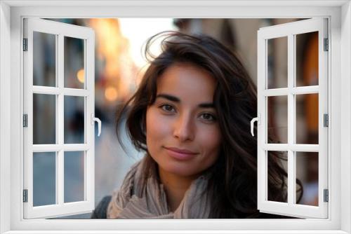 Young woman with dark wavy hair and a subtle smile on a city street at sunset, warm and confident. ai